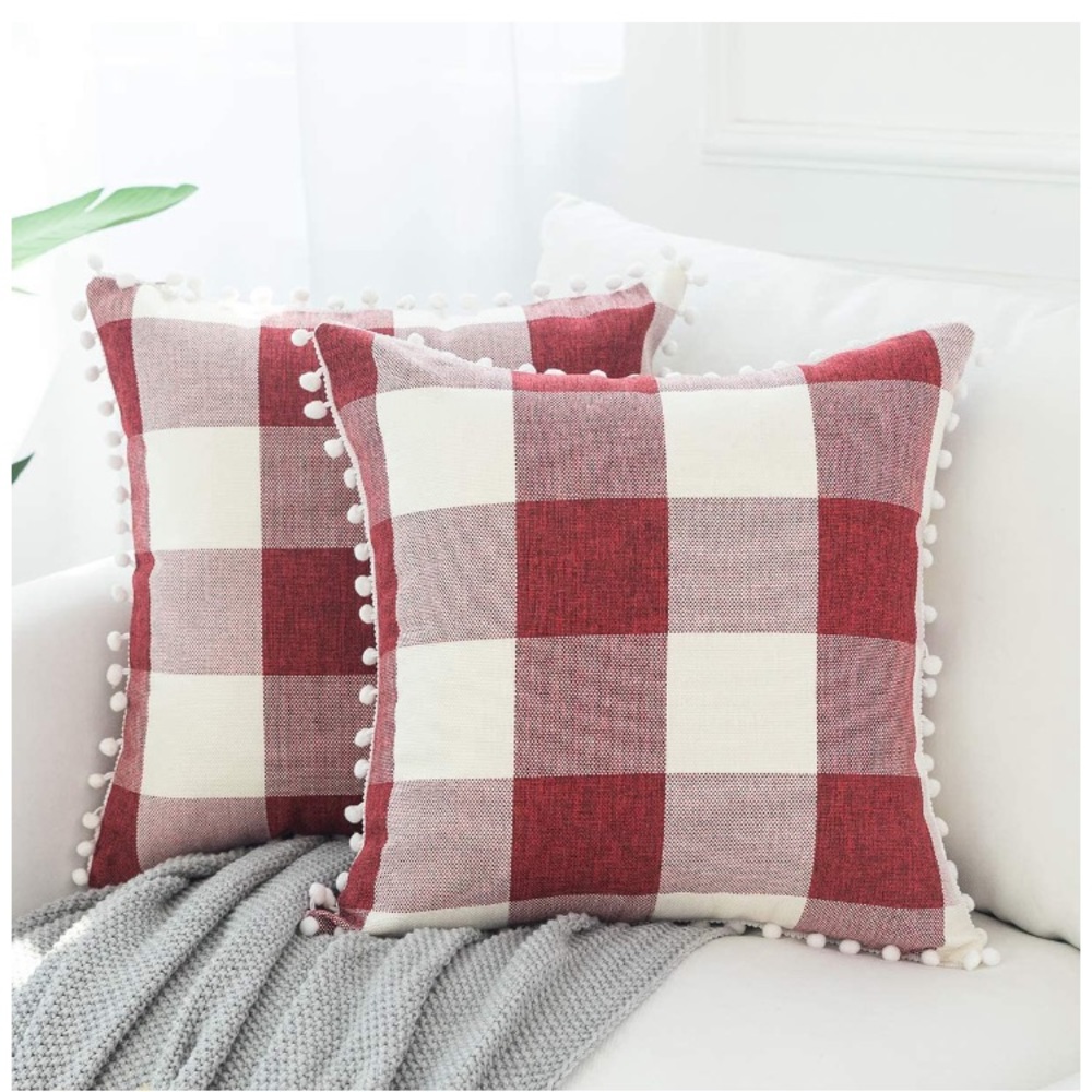 Classic Black/White Gingham Pompom Farmhouse Preppy Throw Pillow Cover Twin Set - Picture 10 of 10